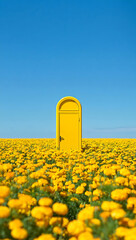 Bright Yellow Door in a Field of Marigolds Under a Vivid Blue Sky: Optimistic, Hopeful, Surreal Stock Photo