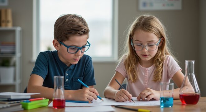Two children studying with notebooks and colored liquids at desk  