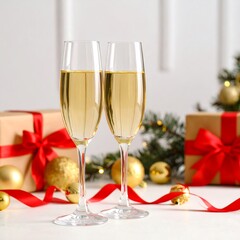 glasses of champagne and gift box