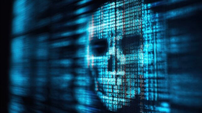 The glowing digital skull emerging from a backdrop of binary code.