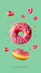 Pink Sprinkle Donuts Levitating,  Pastel Green Background, Playful, Sweet Treats, Delicious Confectionery,  Food Photography.