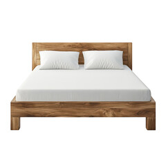 Modern wooden double bed with white linens isolated on transparent background