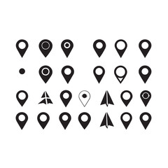 Diverse Set of Black Location Pin Icons and Paper Airplane Symbols on White