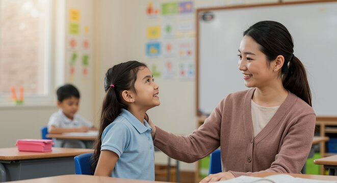 Teacher interacting with young girl in classroom with warm atmosphere  