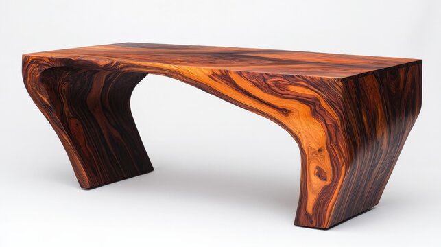 A sleek desk crafted from rare cocobolo wood, featuring natural grain swirls and minimalist design