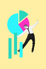 Vertical art 3d creative image collage of happy businessman stand chart development diagram...