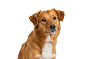 A shaggy reddish-brown mixed breed dog (Golden Retriever/Australian Shepherd mix) with a white chest patch, head tilted, looking curiously at the viewer against a bright white studio background with