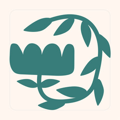 Floral hand drawn organic shaped doodle flower with leaves on curved branch in retro hippie style 60s 70s for seamless pattern, prints and posters. Vector illustration.