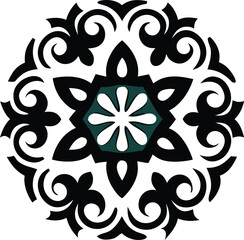 ornamental geometric mandala with floral symmetry in black and teal for decorative use

