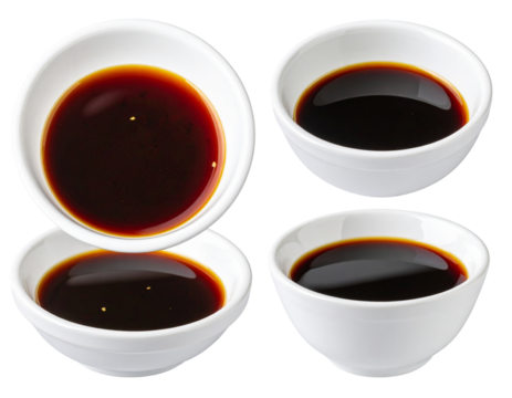  Dark Soy Sauce in Ceramic Bowl – Top and Side Views Set, isolated on a transparent background png