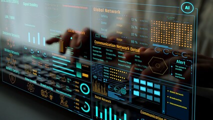 Obraz na płótnie Canvas Data center monitoring dashboard visualize network performance, connection status, usage rate, and telecommunication insight. Data center monitoring efficiency improvement network transparency. Thunk