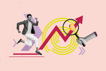 Picture mockup collage of young people run fast coin search lens on pink color background