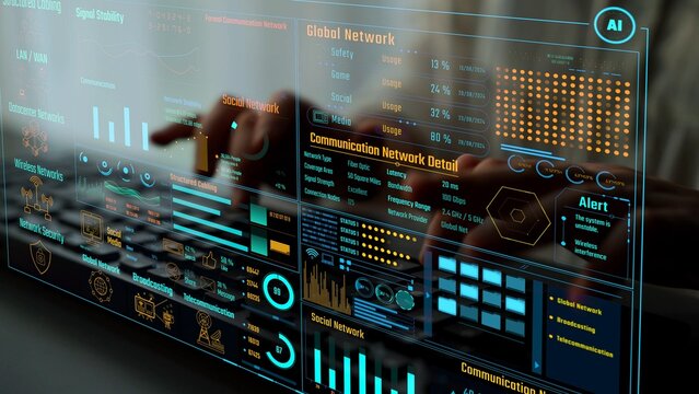 Data center monitoring dashboard visualize network performance, connection status, usage rate, and telecommunication insight. Data center monitoring efficiency improvement network transparency. Thunk