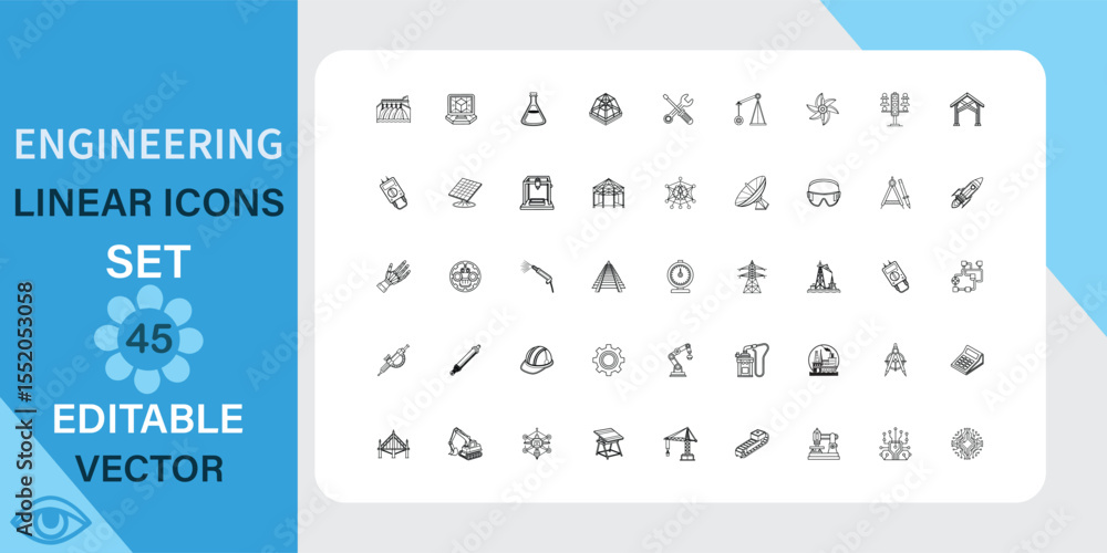 Poster engineering linear icons set. construction, technology, science and more. outline vector icon in lin