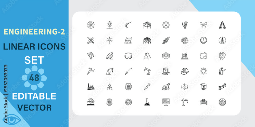 Poster 48 editable linear vector icons for engineering designs. includes various tools, instruments, and sy