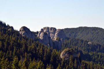Majestic mountain peaks rise above rolling green hills and pine forests in this scenic landscape of...