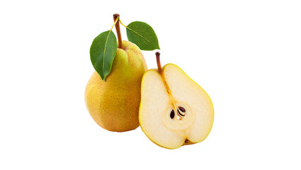 Ripe Pear Fruit with Half Cut and Green Leaves on Transparent Backdrop A Sweet and Healthy Treat for Culinary Creations and Diet Plans
