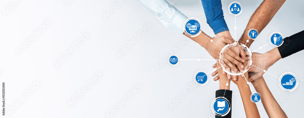 Poster a diverse group of hands coming together symbolizes unity and collaboration in a professional settin