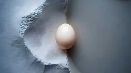 Single beige egg nestled in weathered concrete corner with rough textured surface - minimalist architectural still life photography concept