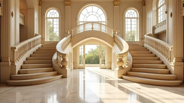 Elegant Double Staircase in Sunlit Classical Foyer