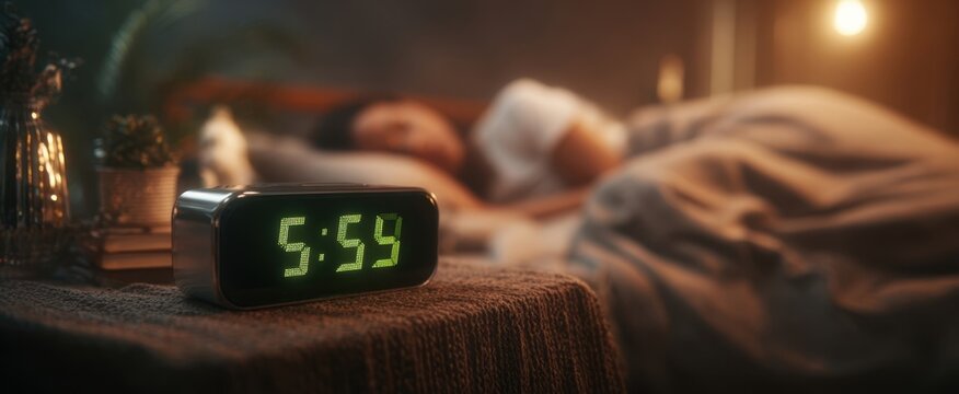 The digital alarm clock displays 5:59 in a cozy, tranquil bedroom setting.
