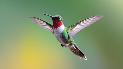 Ruby throated hummingbird in flight with wings spread against a soft green background