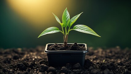 Young green plant seedling growing in a black pot with sunlight