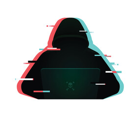 Cyber criminal with laptop Glitch style Blurred motion vector