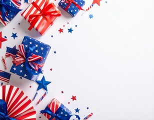 Obraz premium Patriotic American Flag and Star Decorationsand gift box of american flag for 4th july independance day on White Background