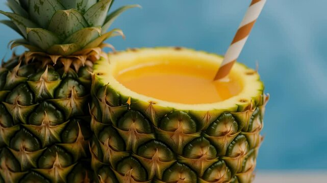fresh pineapple juice served in a hollowed pineapple with a straw against a blue tropical background for summer refreshment