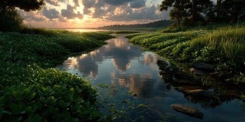 Serene river flows through lush greenery at dusk with vibrant clouds reflecting on tranquil water