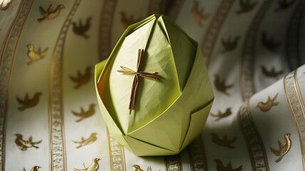 Green geometric origami egg with wooden cross on vintage bird pattern fabric for Easter Christian religious spiritual handmade craft concept
