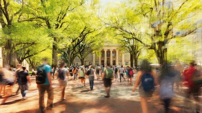 The vibrant scene of bustling campus life under lush green trees.
