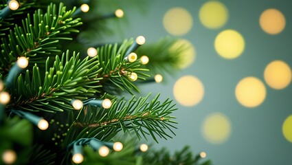 Close up of green pine needles with warm white christmas lights and bokeh