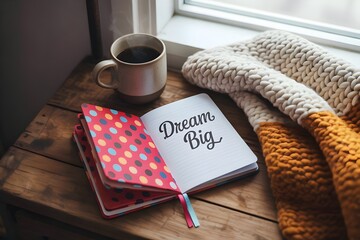 Open journal with Dream Big motivational text, coffee mug and cozy knit blanket on wooden table by window - inspirational lifestyle concept
