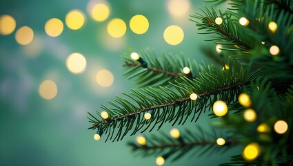 Close up of a christmas tree branch with glowing yellow lights and bokeh background