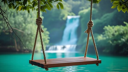 Wooden swing hanging over turquoise water with a waterfall in the background