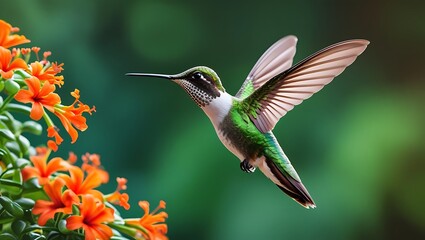 Hummingbird hovering near vibrant orange flowers with a soft green background