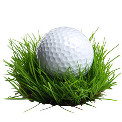 Golf ball nestled in lush green grass isolated on transparent background