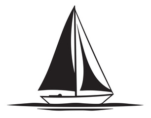 A black silhouette of a sailboat with sails unfurled, gliding on water, set against a white background.