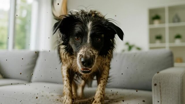 Energetic muddy dog jumping onto modern living room sofa, spreading dirt and excitement in a bright home interior