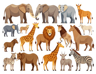Fototapeta premium Flat Vector Set of Safari Animal Icons with Clean Shapes, Minimal Style, Isolated on Transparent Background