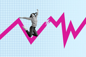 Banner 3d art pop image collage of happy businesswoman businessman stand graph development economy...
