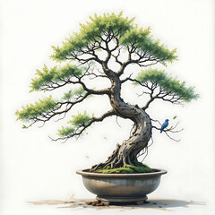 A bonsai Tree on white background, water color style, tree plant resource for graphics