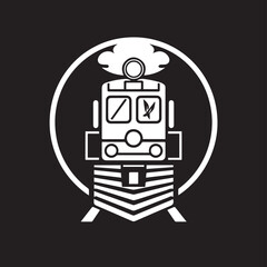 a graphic of a train, presented in white against a black background. The train is centrally placed within a white circle.
