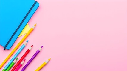 Colorful pencils and blue notebook on pink background - bright flat lay composition of school art supplies for creative education concept