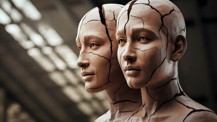Two cracked sculptural heads representing human duality, mental health fragmentation and psychological complexity in contemporary art