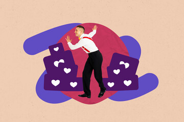 Image pop collage of person dancing having collect many reaction on pastel background