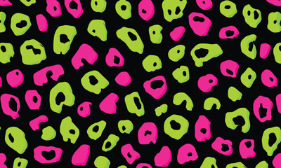 Neon pink and neon green leopard print seamless pattern, vector illustration, simple shapes, black background, no shadows, no gradients, low resolution, high contrast, flat design, 80s style.