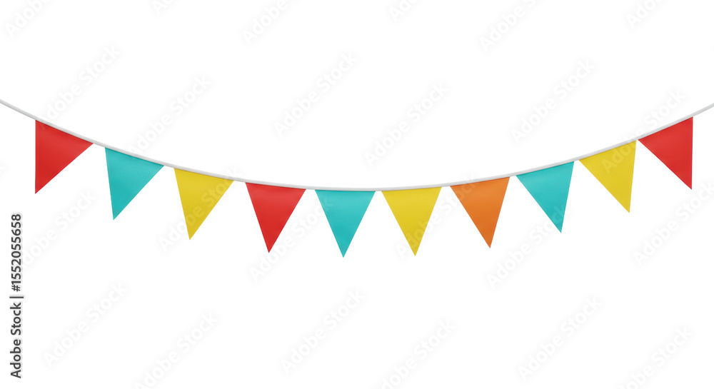 Poster festive string of colorful bunting with triangular and swallowtail flags in bright red, orange, yell